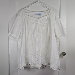 Liz & Me White Cottagecore Pintucked Blouse Plus Size 4X 30/32W